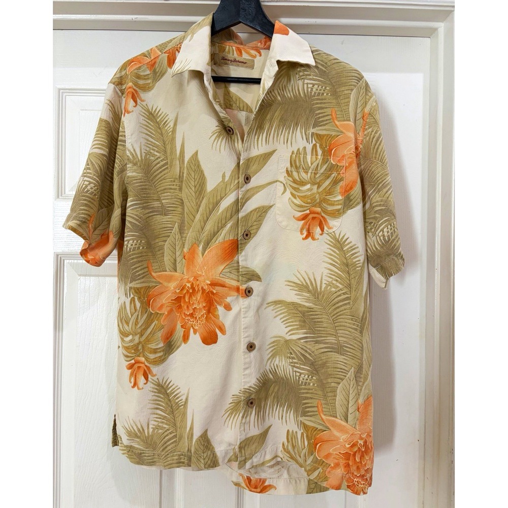 Tommy Bahama Men's M Floral Hawaiian Silk Woven Button-Up Shirt Pockets